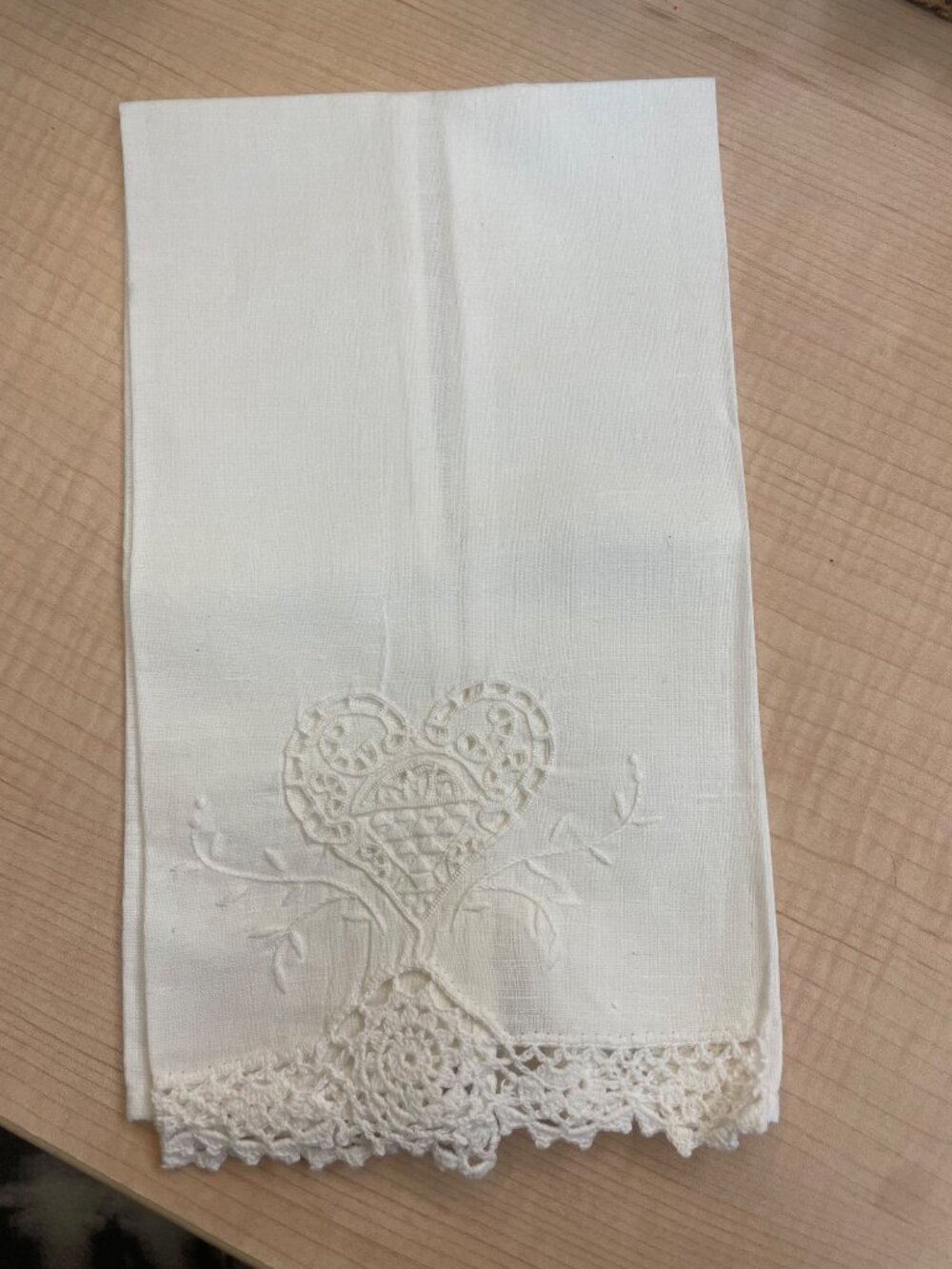 Vintage White Cotton Hand Towel With Embroidered Heart & Crocheted Lace Trim